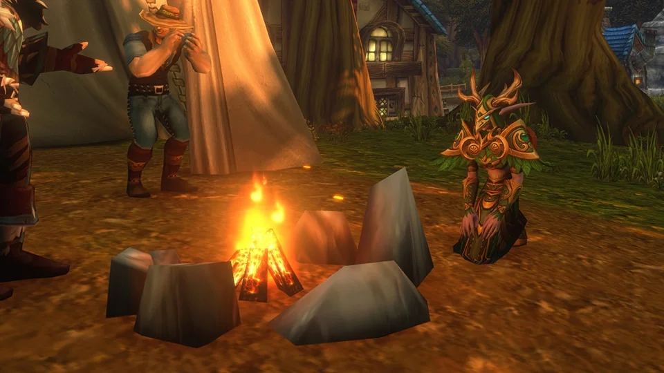 Basic Campfire ringed with stones, a night elf kneeling beside it in World of Warcraft: Forever