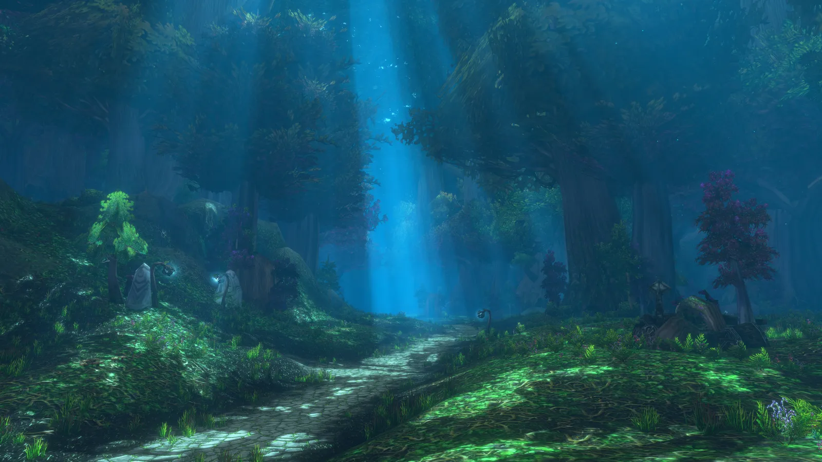Forest path with sunbeams in Ashenvale in World of Warcraft: Forever