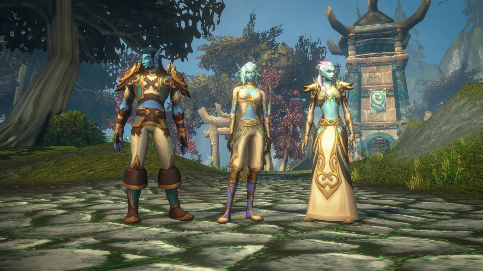 Three armored characters standing before a forest tower in World of Warcraft: Forever