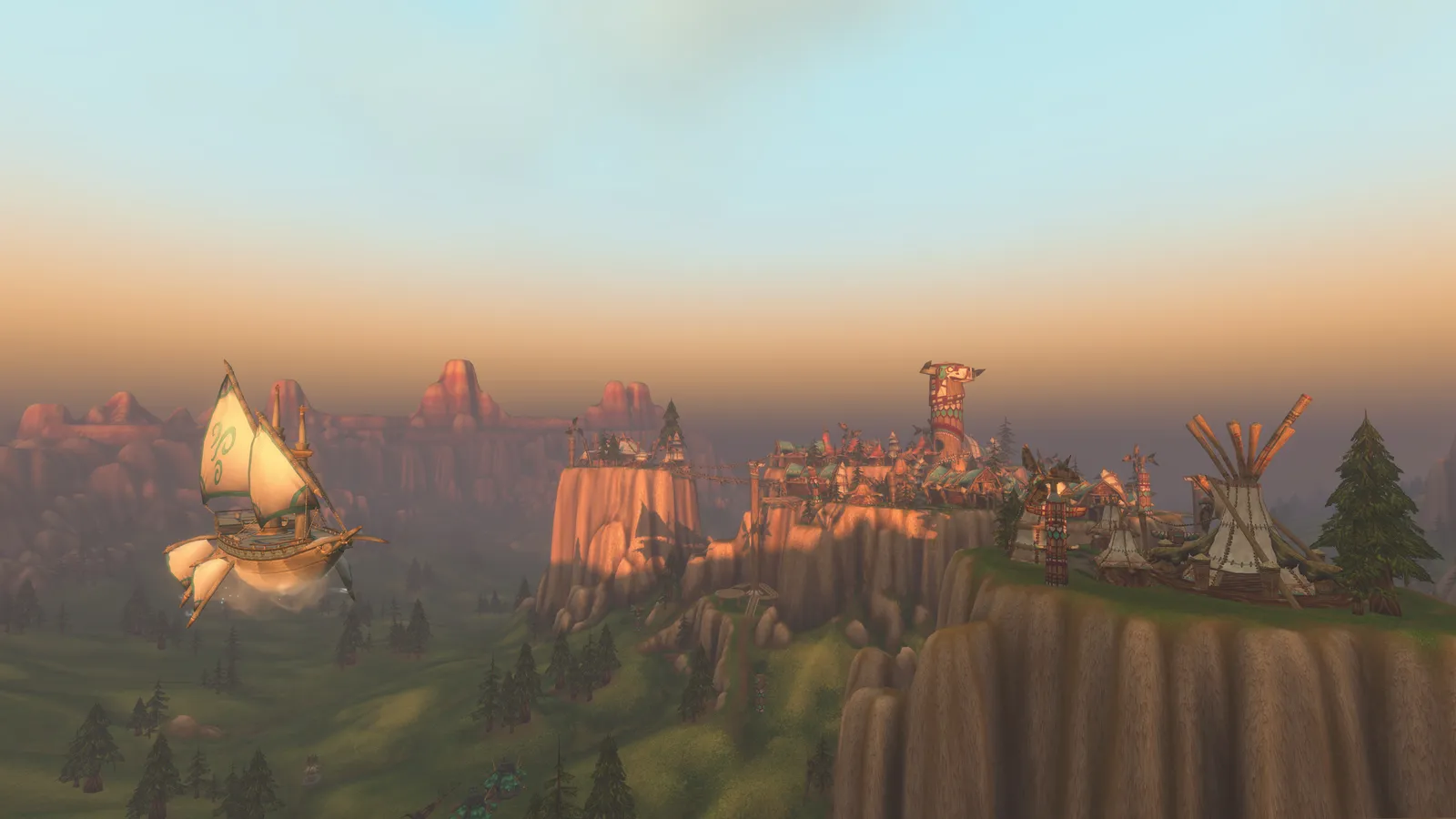 View across Mulgore with tents, mesas and an airship in World of Warcraft: Forever