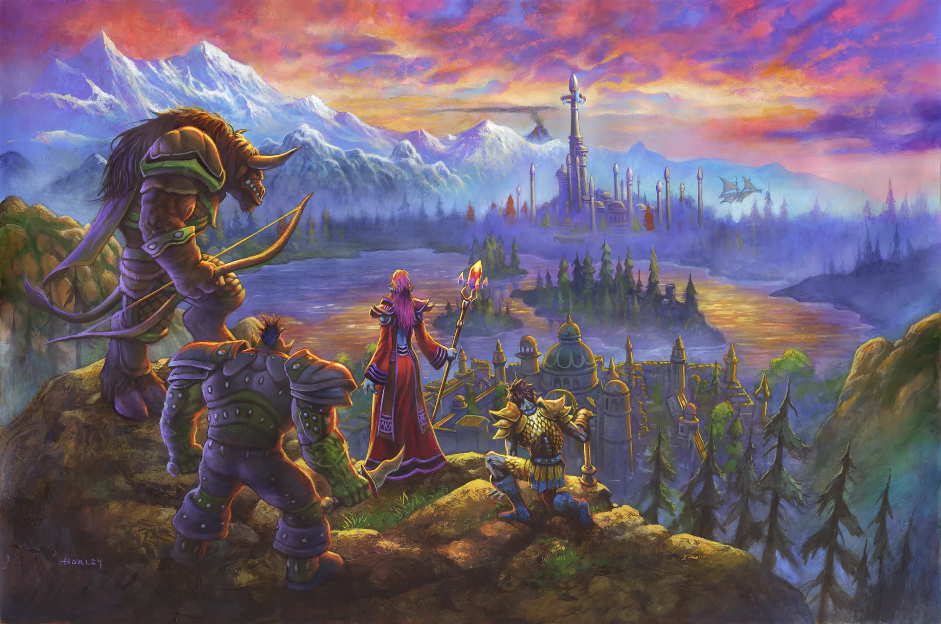 Key-Art der Horde: ein Taure, ein Orc, eine Magierin und ein Troll blicken von einer Klippe auf eine Stadt am See